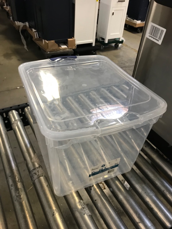 Photo 1 of 
HOMZ 3430CLRDC.04 Plastic Storage, Modular Stackable Storage Bins with Blue Latching Handles, 31 Quart, Clear