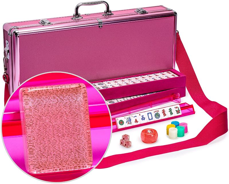 Photo 1 of Yellow Mountain Imports American Mahjong Set - Pink Sparkles - with Pink Aluminum Case, All-in-One Racks with Pushers, Dice, Wind Indicator & Wright Patterson Scoring Coins
