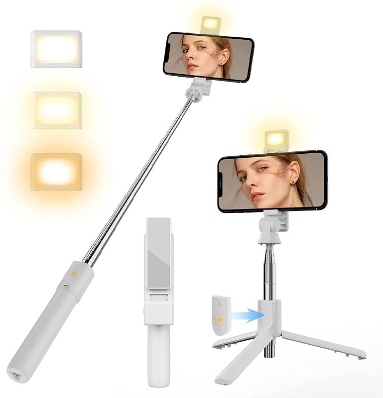 Photo 1 of 2021 Newest Selfie Stick for iPhone with LED Light Wireless Bluetooth Tripod Selfie Stick with Detachable Remote Compatible with iPhone 13/13 Pro/12/11/XR/X/Pro Max/Mini, Android Smartphone (White)
