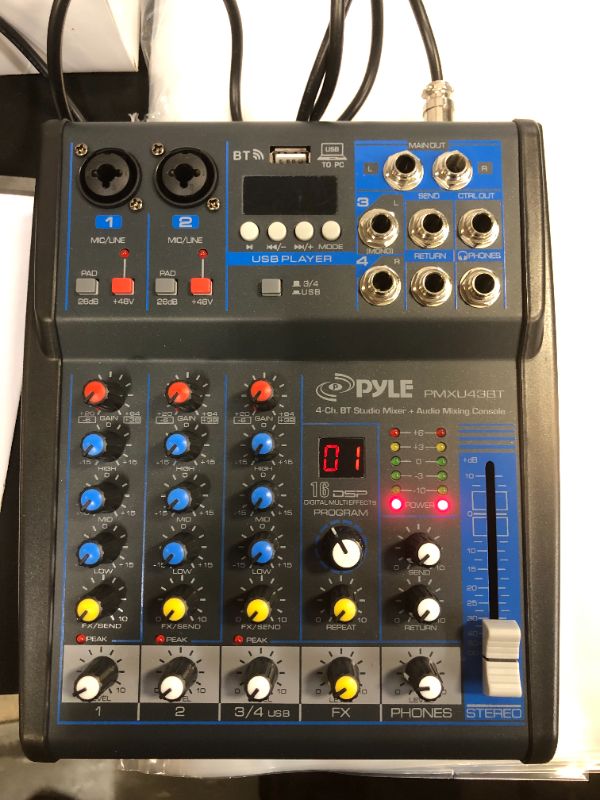 Photo 2 of Pyle Professional Audio Mixer Sound Board Console System Interface 4 Channel Digital USB Bluetooth MP3 Computer Input 48V Phantom Power Stereo DJ Studio Streaming FX 16-Bit DSP processor-PMXU43BT
