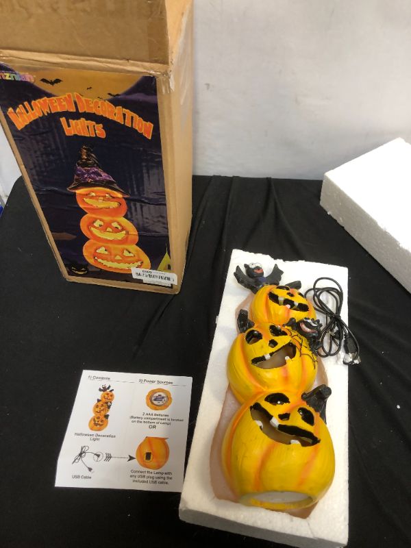 Photo 2 of 12 Inch Tall Resin Pumpkins with Witch Hat Halloween Decorations Indoor Light with Battery or USB Powered, Halloween Decor Jack O Lanterns, Night Table Light Lamp for Kids Room, Bedroom, Party Decor
