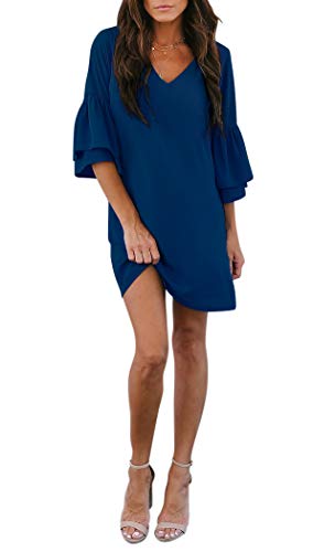 Photo 1 of BELONGSCI Women's Dress Sweet & Cute V-Neck Bell Sleeve Shift Dress Mini Dress LARGE NAVY
