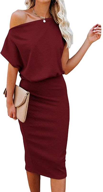 Photo 1 of Ezbelle Women's Off The Shoulder Short Sleeve Ribbed Casual Party Bodycon Midi Dress SIZE LARGE
