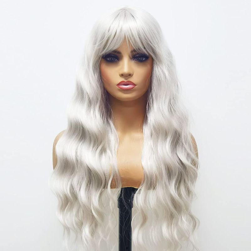 Photo 1 of ANDRIA Hair Middle Part No Lace Platinum Blonde Synthetic Wigs Long Heat Resistant Hair Pre Plucked Wig WAVY WITH BANGS 26IN