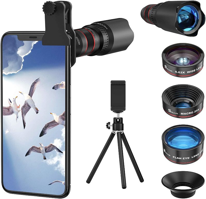 Photo 1 of Selvim Phone Camera Lens Phone Lens Kit 4 in 1, 22X Telephoto Lens, 235° Fisheye Lens, 0.62X Wide Angle Lens, 25X Macro Lens, Compatible with iOS iPhone 10 8 7 6 6s Plus X XS XR Android Samsung -Black
