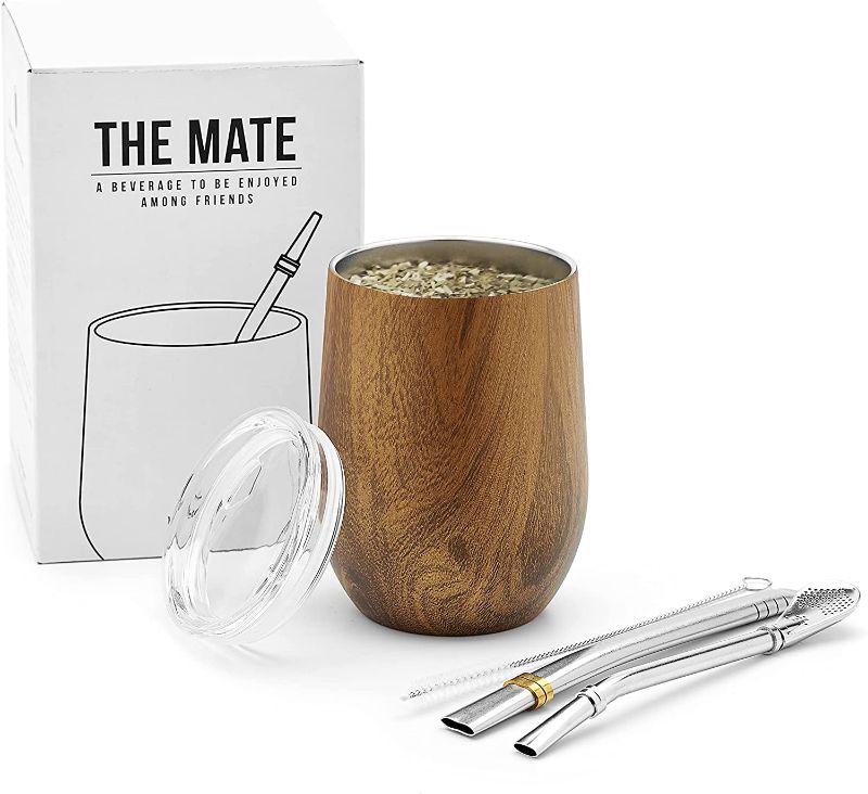 Photo 1 of BALIBETOV Modern Mate Cup And Bombilla Set (Yerba Mate Cup) -Yerba Mate Set includes Double Walled 18/8 Stainless Steel Mate Tea Cup, Two Bombilla Mate (Straw) and a Cleaning Brush (Wood, 12)
