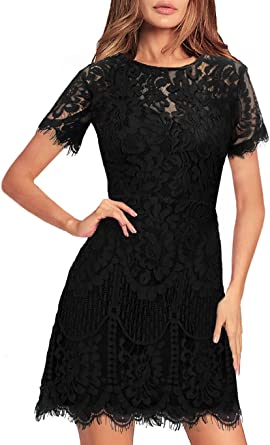 Photo 1 of MSLG Women's Elegant Round Neck V-Back Wedding Guest Floral Lace Cocktail Party A Line Dress 910 SIZE MED
