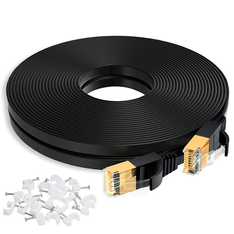 Photo 1 of Cat 7 Ethernet Cable, 50 Ft High Speed Internet Patch Cord with Shielded Gold Plated RJ45 Connectors, Flat LAN Wire Faster Than Cat6, Outdoor Weatherproof for PS5, Router, Switch, Modem, Black
