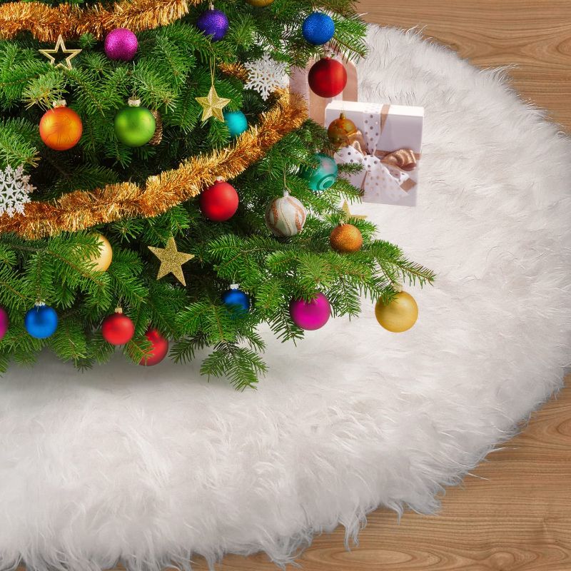 Photo 1 of  Christmas Tree Skirts 36 inches Snowy White Faux Fur X-Mas Tree Skirt Decorations and Soft Christmas Tree Dress