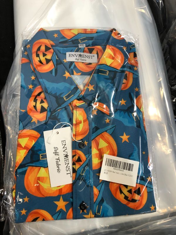 Photo 2 of ENVMENST Halloween Button Up Shirt for Men Fun Pumpkins Printed Casual Short Sleeve Hawaiian Aloha Shirts SIZE XX-LARGE
