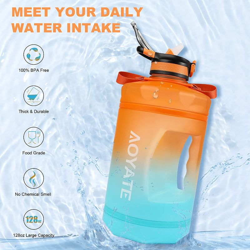 Photo 1 of 1 Gallon /128 OZ Motivational Water Bottle with Time Marker & Straw, Leakproof Large Water Jugs with Handle, [Wide Mouth] Tritan BPA Free Sports Water Bottle for Fitness Gym Outdoor Sports (Orange/Blue Gradient)
