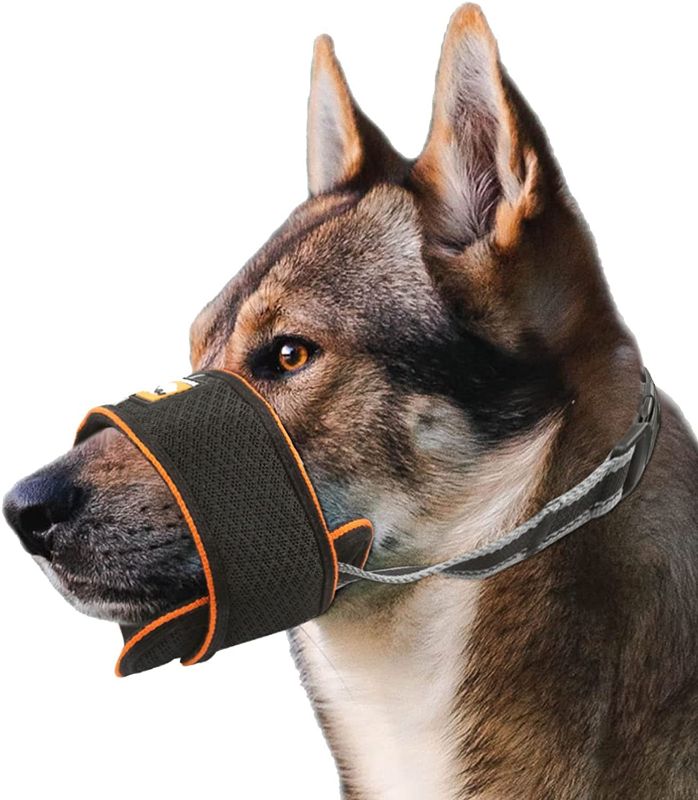 Photo 1 of  Dog Muzzles for Prevent Biting Barking and Chewing,Loop Breathable Mesh Soft Fabric Muzzle with Adjustable Straps Suitable for Large Dogs(Black)
