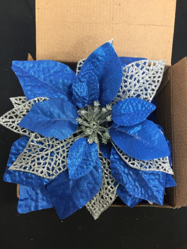 Photo 2 of 10 Pack Christmas Poinsettia Flowers Glitter Poinsettia Bushes Christmas Tree Flowers Christmas Poinsettia Ornament, Artificial Poinsettia Flowers Christmas Decorations-Royal Blue
