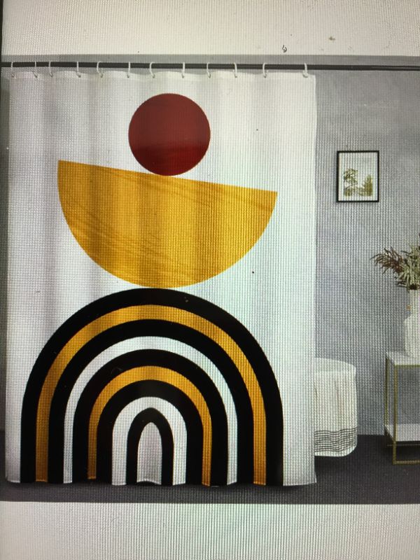 Photo 1 of CURVED SHOWER CURTAIN MID CENTERY GEOMETRIC SHAPES 12 HOOKS 72X72 INCHES
