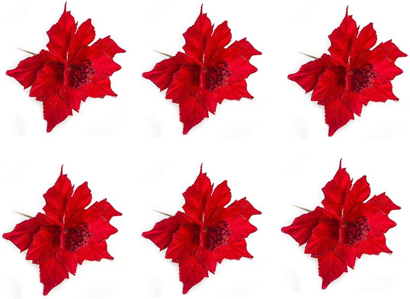 Photo 1 of 6Pcs Christmas Artificial Flowers,Silk Glitter Poinsettia Xmas Tree Ornaments,Faux Poinsettia DIY Flower Centerpiece Arrangement Props Christmas Home Wedding Hotel Party Decor
