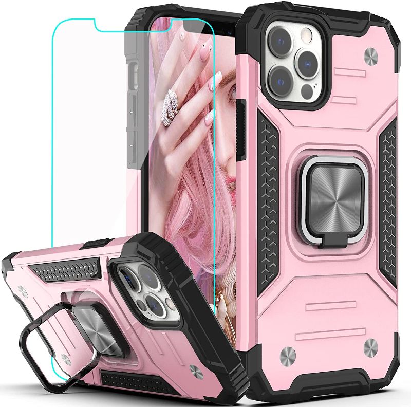 Photo 1 of YmhxcY Phone Case for iPhone 12 Pro Max Case with HD Screen Protector,Armor Grade Case with Rotating Holder Kickstand Non-Slip Hybrid Rugged Case for iPhone 12 Max 6.7"-KK Rose Gold 4PK
