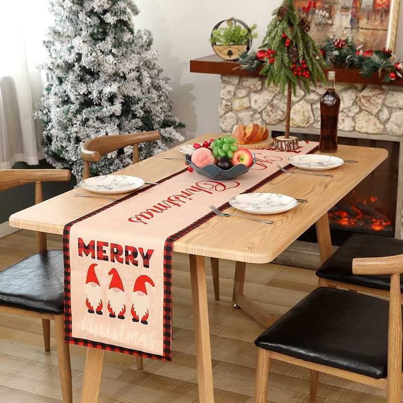 Photo 1 of  Christmas Table Runner Double Sided Plaid Table Runner Snowman Rustic Kitchen Dining Table Decoration for Indoor Xmas Holiday Outdoor Home Party Decor (Color -1, 70.8 x 13 inch)
