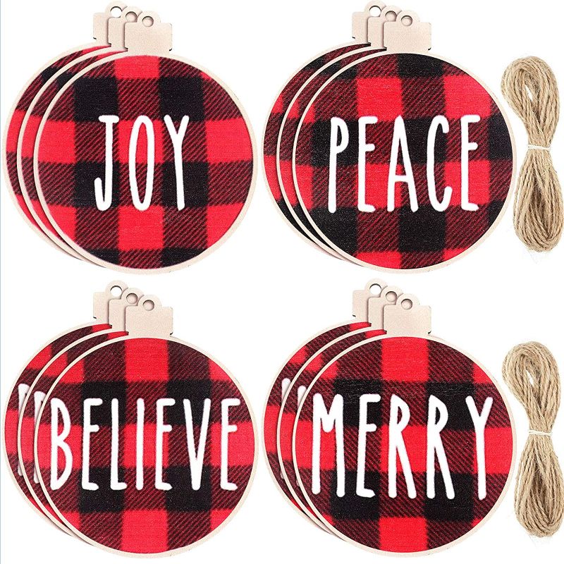 Photo 1 of 12 Pieces Christmas Wishes Tree Ornament Buffalo Plaid Printed Wood Hanging Christmas Ornament Tree Decorations Wooden Hanging Crafts for Christmas Tree, 4 Styles (Red and Black Plaid with White Word) PACK OF 2
