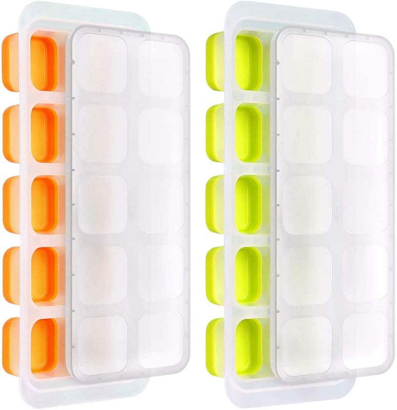 Photo 1 of  Ice Cube Trays with Lid, 20-Cube Reusable Ice Cube Molds Food Grade Stackable Plastic Trays Square Mold for Whiskey, Cocktail, Spirits, Chilled Drinks and Juice (Green & Orange)