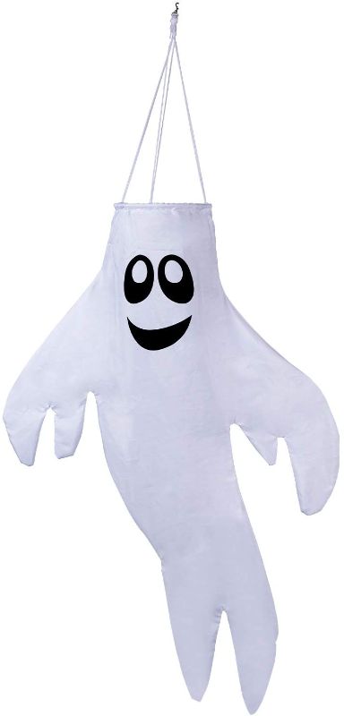 Photo 1 of  Large 50 inch Ghost Windsock Halloween Hanging Decoration | Spun Polyester Fabric | White Shaking Ghost | Includes Swivel Hanging Clip