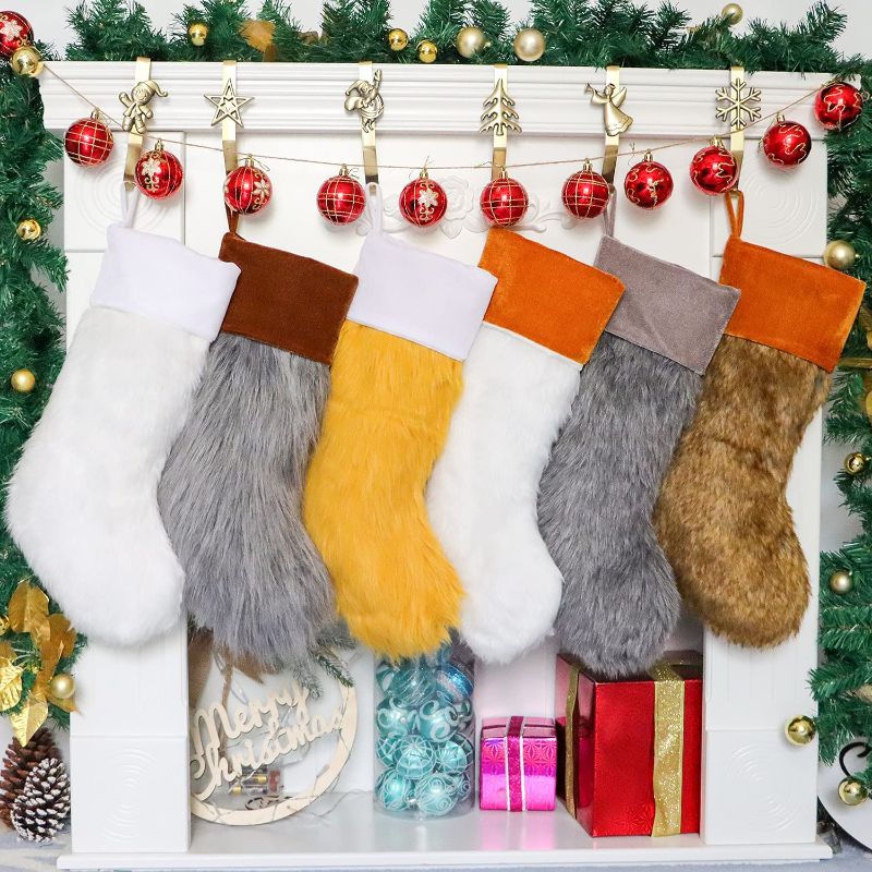 Photo 1 of 2021 Christmas Stockings Set of 6, Large Faux Fur Family Christmas Stocking 6 pack for Farmhouse Décor, luxury Xmas Stockings for Home Decorations Personalized Rustic Ornaments White Gray Red Brown
