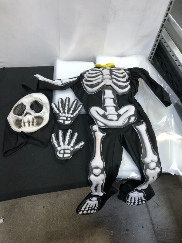 Photo 2 of Spooky Skelebones Deluxe Skeleton Kids Toddler Costume Set with Glow in the Dark Effect on Skull for Halloween Dress Up Party SIZE 3T
