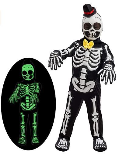 Photo 1 of Spooky Skelebones Deluxe Skeleton Kids Toddler Costume Set with Glow in the Dark Effect on Skull for Halloween Dress Up Party SIZE 3T
