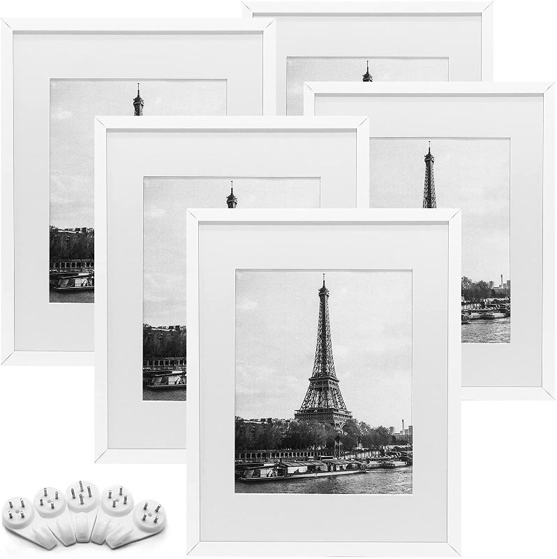 Photo 1 of 16×20 Inch Wall Hanging Picture Frame 5 Pack Set with 11x14 Inch Mat, White Frame with Clear Plexiglass
