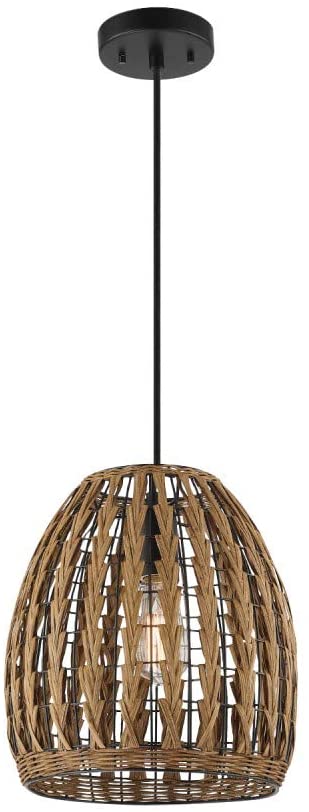 Photo 1 of Globe Electric 60750 Novogratz x Globe Marlow 1-Light Pendant Light, Brown Woven Rattan Shade, Black Hanging Cord