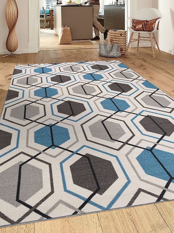 Photo 1 of Contemporary Geometric Stripe Non-Slip (Non-Skid) Area Rug 5 X 7 (5' 3" X 7' 3") Blue
