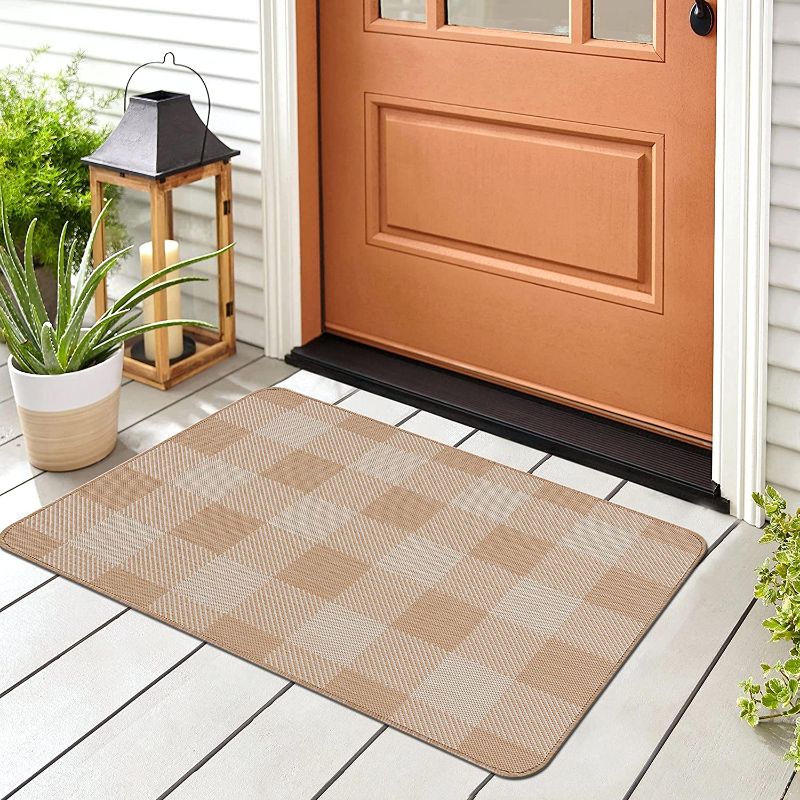 Photo 1 of CAMILSON Buffalo Plaid Outdoor Rug – Check Area Rugs for Indoor and Outdoor Patios, Checkered Pattern Mats for Front Door, Porch, Kitchen and Hallway - Washable Outside Carpet (3x5, Beige / White)
