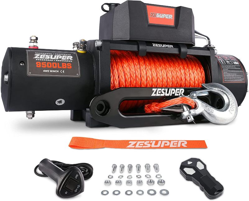 Photo 1 of ZESUPER 9500 lb. Load Capacity Electric Winch,12V Electric Winch with Hawse Fairlead, Waterproof IP67 Winch with Wireless Handheld Remotes and Wired Handle Synthetic Rope
