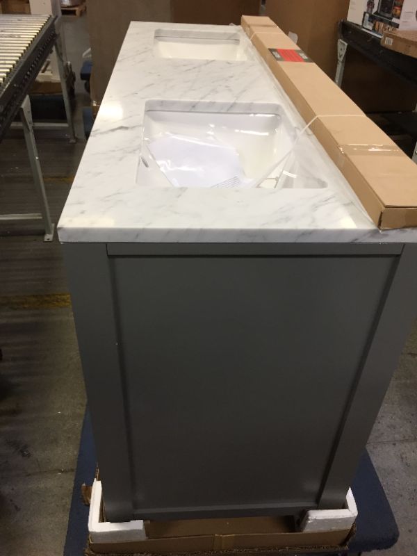 Photo 9 of 60" Cashmere Grey Double Sink Bathroom Vanity with White Carrara Marble Top NEW BUT MINOR MARKINGS THROUGHOUT. NO CRACKS IN COUNTERTOPM MARKINGS ON DRAWER SHOWN IN LAST PICTURE 
