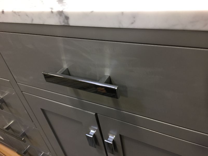 Photo 11 of 60" Cashmere Grey Double Sink Bathroom Vanity with White Carrara Marble Top NEW BUT MINOR MARKINGS THROUGHOUT. NO CRACKS IN COUNTERTOPM MARKINGS ON DRAWER SHOWN IN LAST PICTURE 
