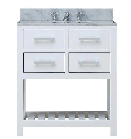 Photo 1 of 30 in. Vanity in Carrara White with Marble Vanity Top in Carrara White, MINOR IMPERFECTIONS SUCH AS SCUFFS ON PAINT. 