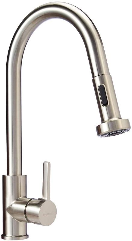 Photo 1 of Amazon Basics Modern Pull-Down Kitchen Sprayer Faucet, Satin Nickel
