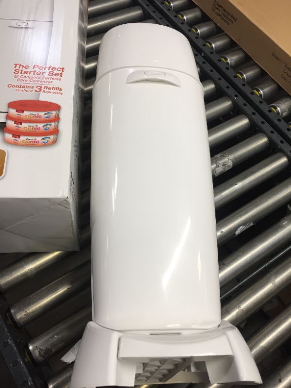 Photo 1 of Playtex Diaper Genie Complete Pail with Built in Odor Controlling Antimicrobial, Includes Pail and 3 Clean Laundry Scent Refills, White Pail
