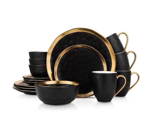 Photo 1 of 16-Piece Dishes for 4-Gold and Black Florian Modern Porcelain Dish Set
