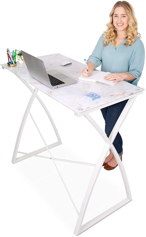 Photo 1 of Stand Steady Joy Standing Desk | 43in Large Glass Desk | Modern Standing Desk with Tempered Glass Desktop & Marble Print | Tall Desk & Reception Table | Stand Up Desk for Home & Office (Marble Print)
