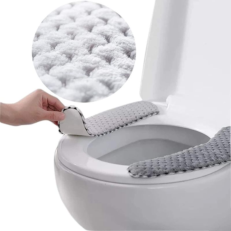Photo 1 of 2Pairs Plush Warm Thick Padded Toilet Seat Cover Mat Non Slip Soft Toilet Seat Cushion Washable Bathroom Warmer with Self-Adhesive Tape
