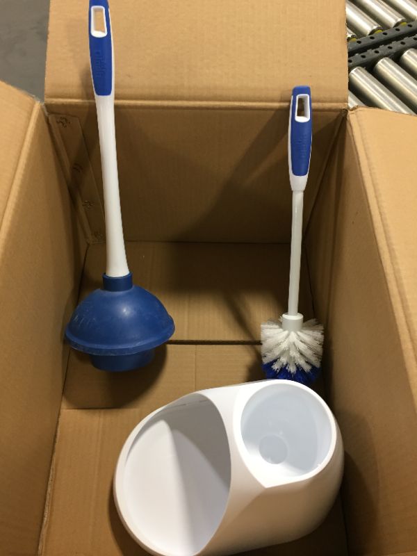 Photo 1 of  Plastic Toilet Bowl Brush and Plunger Combo Set for Bathroom Cleaning and Storage, White And Blue 