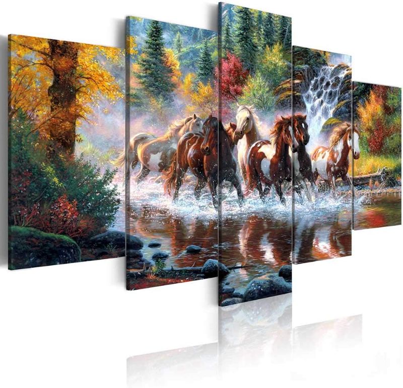 Photo 1 of ArtHome520 Golden Landscape Home Decor Canvas Print Painting Colorful Animal Horse Picture Wall Art Contemporary Framed Ready To Hang 5 Panel (8''x12''x2+8''x16''x2+8''x20''x1)
