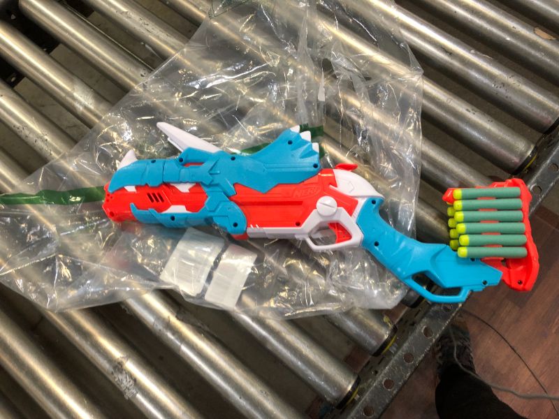 Photo 3 of NERF DinoSquad Tricera-Blast Dart Blaster, Break-Open 3-Dart Loading, 12 Official Darts, Dart Storage, Triceratops Dinosaur Design
