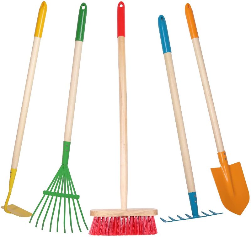 Photo 1 of Giggle Goods 5-Piece Kids Garden Tool Set - Multicolored Kids Gardening Tools with Wooden Handle and Metal Head - Kids Size Rake, Spade, Hoe, Leaf Rake, and Broom for Kids Ages 7 Years Old and Up
