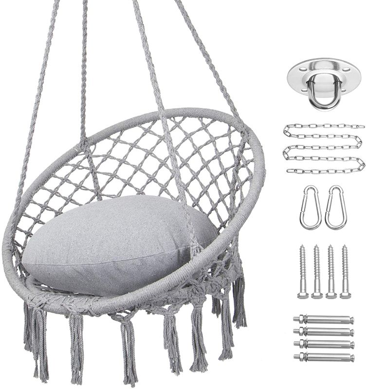 Photo 1 of Y- STOP Hammock Chair Macrame Swing, Max 330 Lbs, Hanging Cotton Rope Hammock Swing Chair for Indoor and Outdoor Use, Light Grey