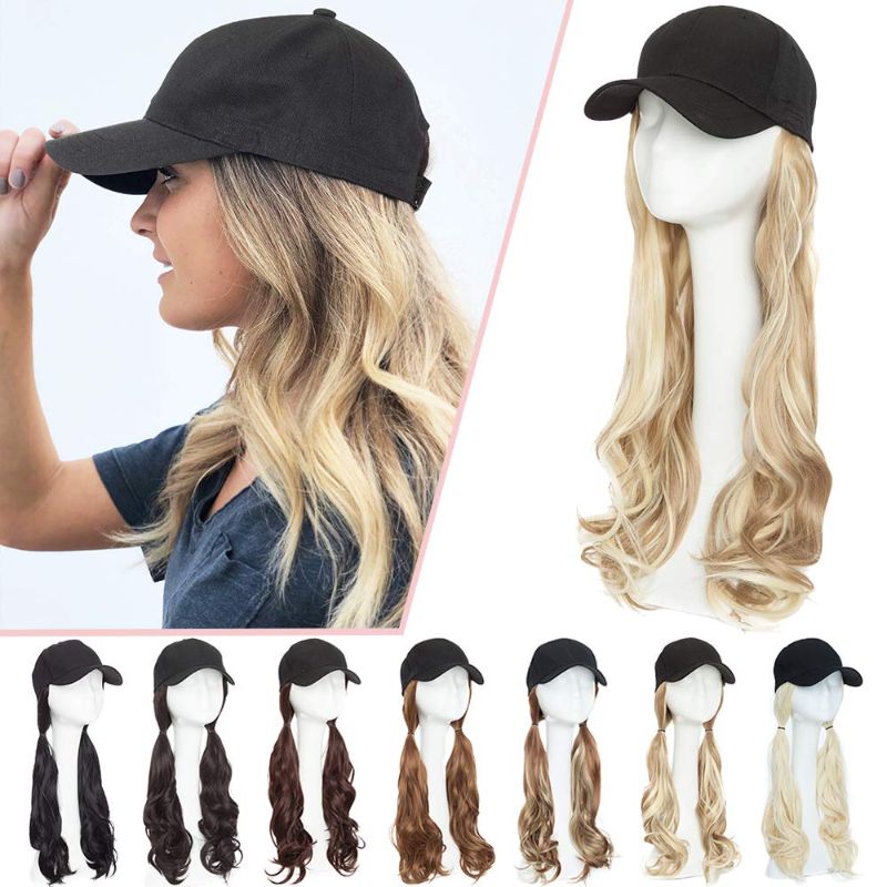 Photo 1 of Baseball Cap with Hair Extensions Synthetic Hair Wig Baseball Hat with Hair Attached Long Wavy Adjustable Wave Hairpiece With Baseball Hat Cap Wig for Women #16P613 sandy blonde mix bleach blonde
