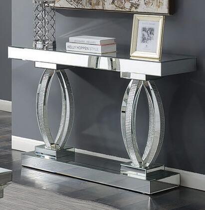 Photo 1 of 722519 47" Sofa Table with Tempered Glass Top, Decorative Curved Table Columns Adorned with Rhinestones and Mirrored Panels All Around in Silver
