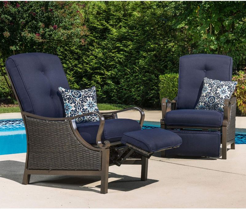 Photo 1 of 1 pc only Hanover Ventura Outdoor Patio Hand-Woven Wicker, Rust-Resistant Frames, and Thick Navy Cushions, VENTURAREC-NVY Recliner
