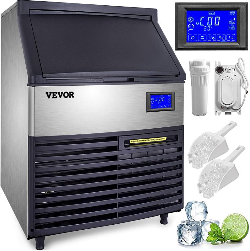 Photo 1 of VEVOR 110V Commercial Ice Maker 440LBS/24H, 77LBS Storage Bin, ETL Approved, Clear Cube, Advanced LCD Panel, SECOP Compressor, Air Cooled, Blue Light, Electric Water Drain Pump, Water Filter, 2Scoops
