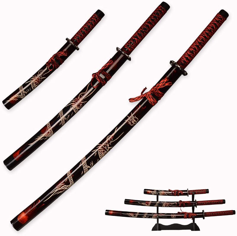 Photo 1 of 3pc Set Japanese Samurai Sword with Display Stand,Iaido Katana Engraved with Dragon Pattern On The Scabbard
